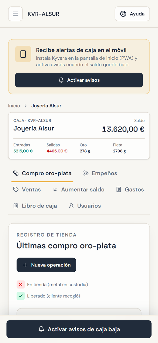 Kyvera en el móvil del gerente: aviso Recibe alertas de caja en el móvil, saldo de la tienda y botón Activar avisos de caja baja