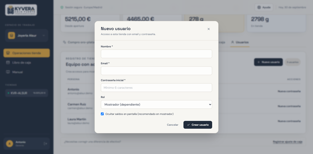 Formulario Nuevo usuario en Kyvera: nombre, email, contraseña inicial, rol Mostrador (dependiente) y casilla Ocultar saldos en pantalla