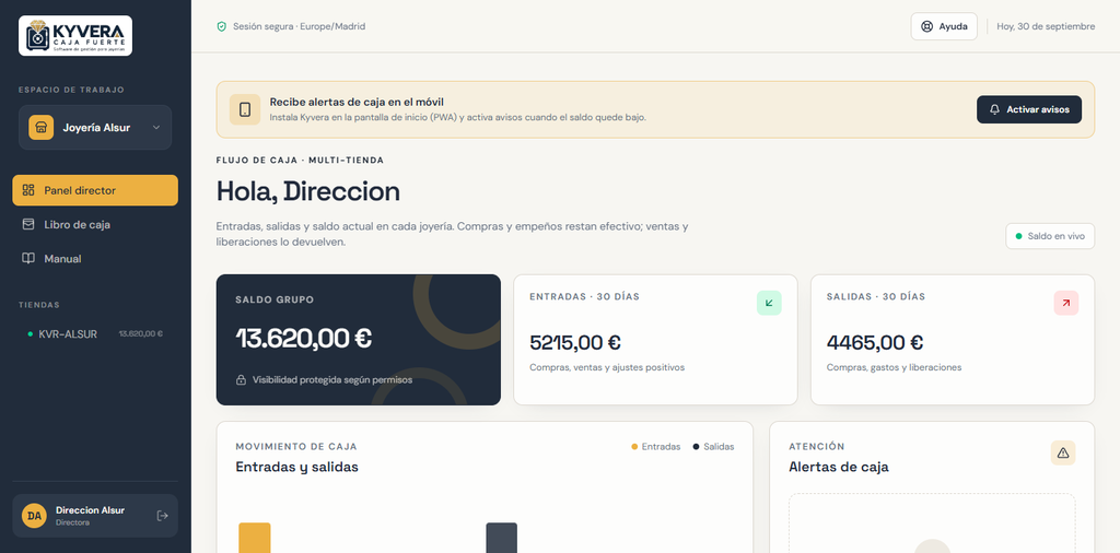 Panel de dirección de Kyvera: saldo del grupo, entradas y salidas de 30 días, gráfico de movimiento de caja y alertas